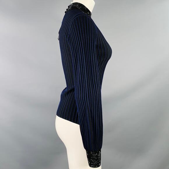 EMPORIO ARMANI Size S Black Navy Viscose Blend Stripe Mock Neck Dress Top - Picture 3 of 9